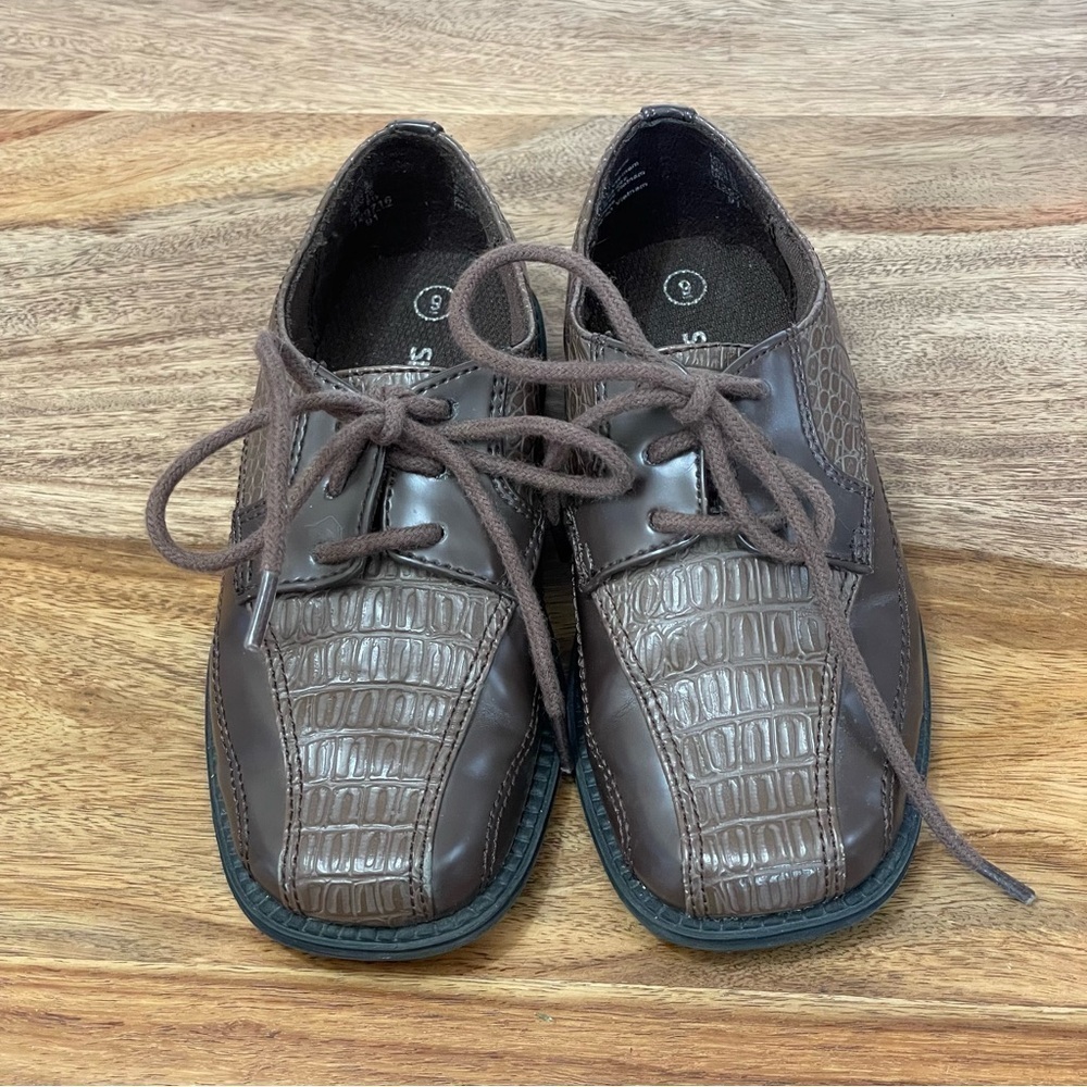 Smartfit Two Tone Brown Little‎ Boy Oxfords with Faux Crocodile Tie Laces sz 9
